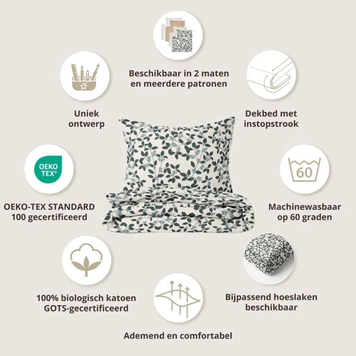 DEKBEDOVERTREKSET 140 X 200 CM u00abBERRIESu00bb | BEIGE-GROEN