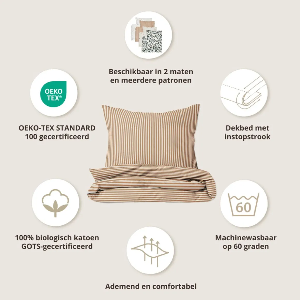DEKBEDOVERTREKSET 140 X 200 CM u00abSTRIPEDu00bb | BEIGE EN CARAMEL