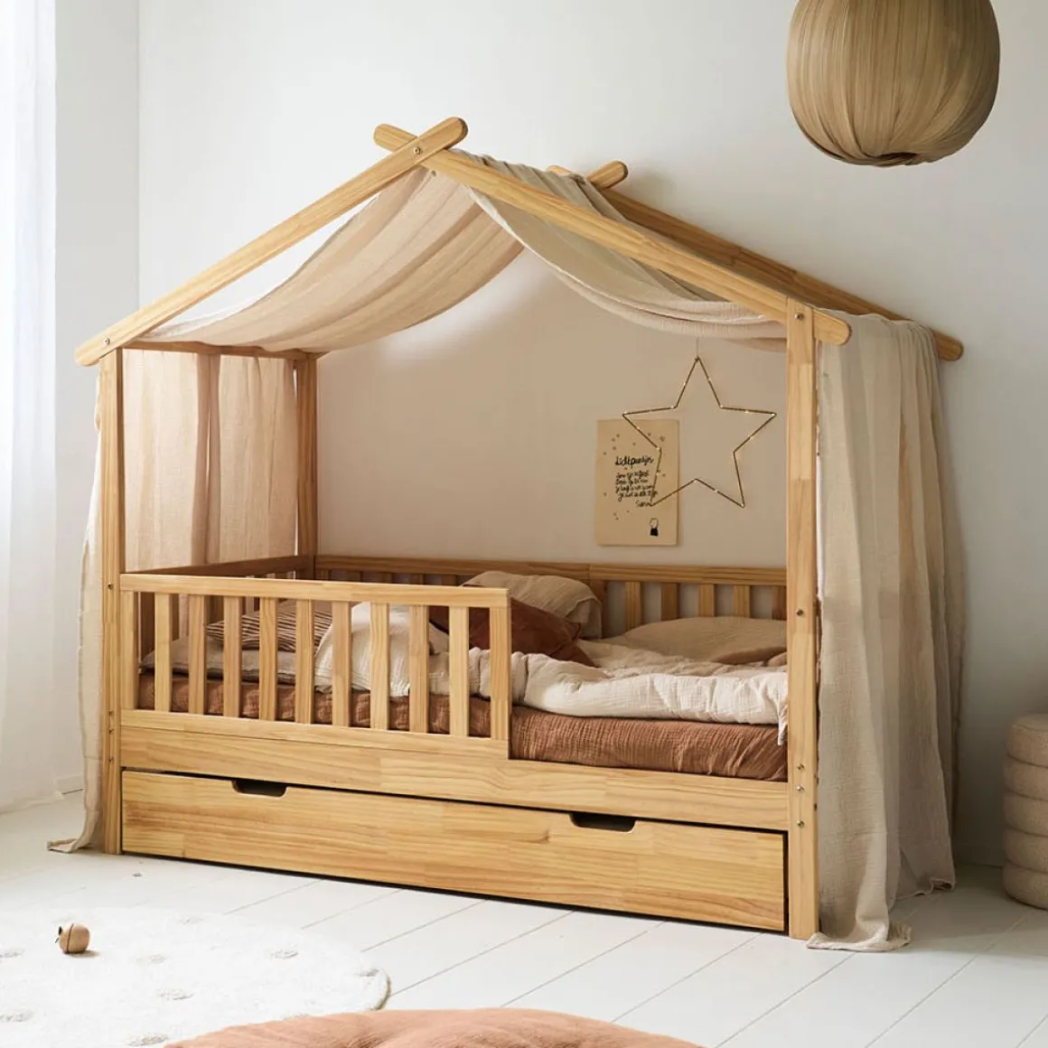 GORDIJN VOOR BEDHUISJE u00abMAISONu00bb | 90 X 200 CM | MOUSSELINE KATOEN | BEIGE