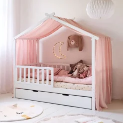 GORDIJN VOOR BEDHUISJE u00abMAISONu00bb | 80 X 160 CM | MOUSSELINE KATOEN | ROZE