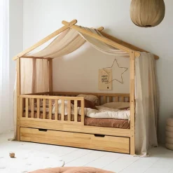 GORDIJN VOOR BEDHUISJE u00abMAISONu00bb | 80 X 160 CM | MOUSSELINE KATOEN | BEIGE