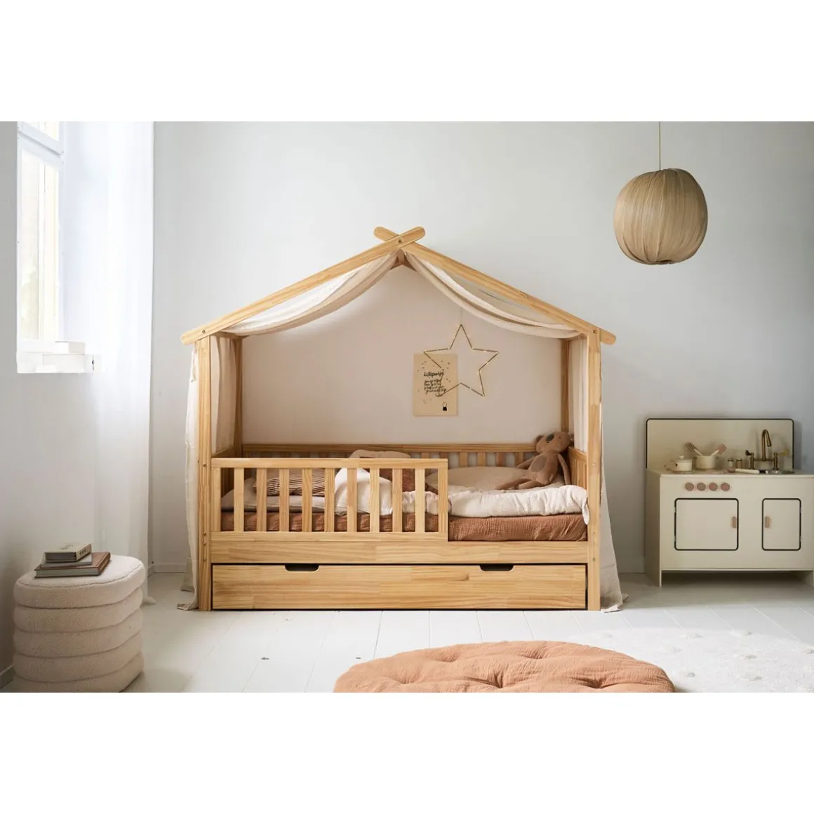 GORDIJN VOOR BEDHUISJE u00abMAISONu00bb | 90 X 200 CM | MOUSSELINE KATOEN | BEIGE