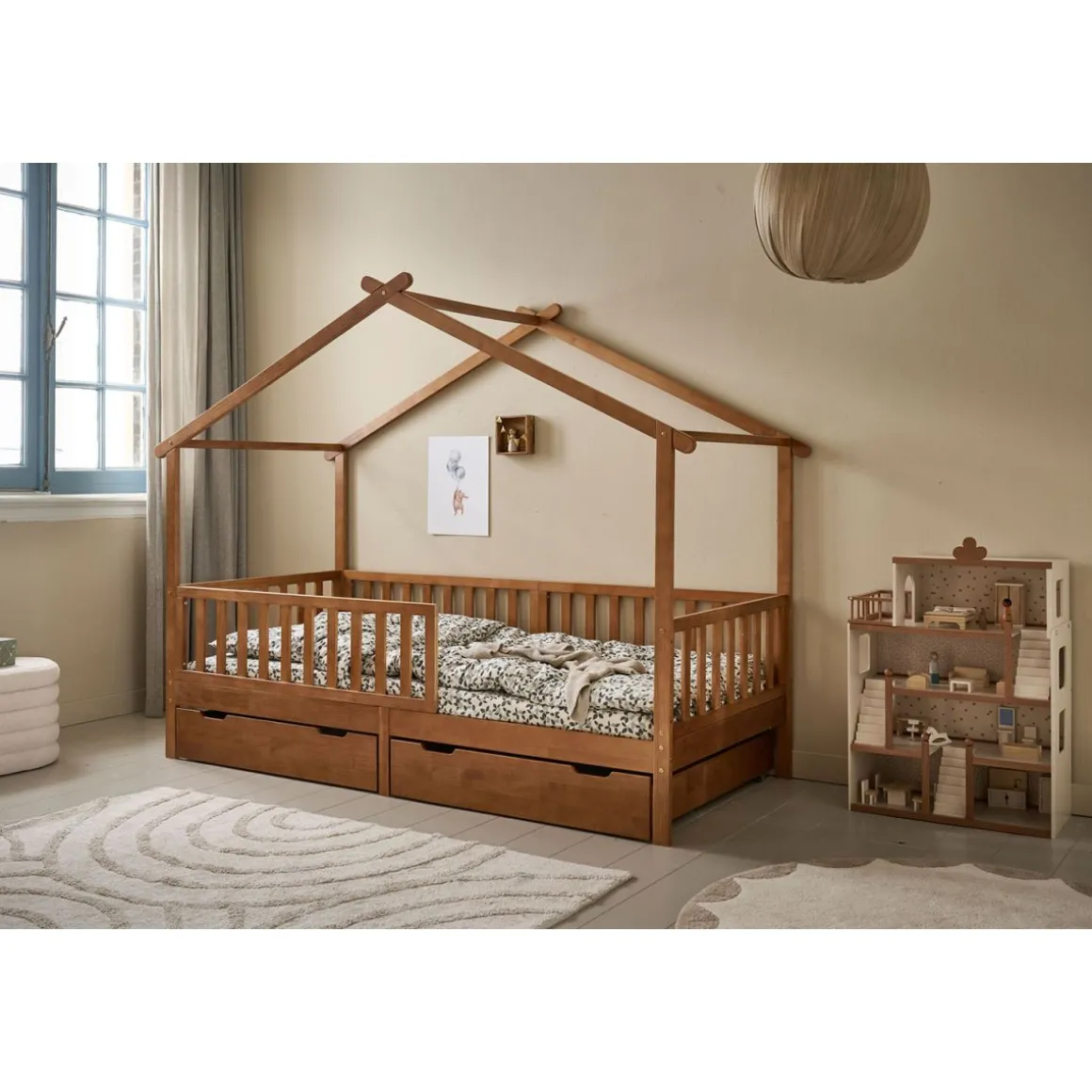 GROOT HOUTEN POPPENHUIS u00abFLEURu00bb | INCL. 19-DELIGE MEUBELSET | 87 cm | BEIGE & WALNOOT