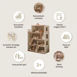 GROOT HOUTEN POPPENHUIS u00abFLEURu00bb | INCL. 19-DELIGE MEUBELSET | 87 cm | BEIGE & WALNOOT