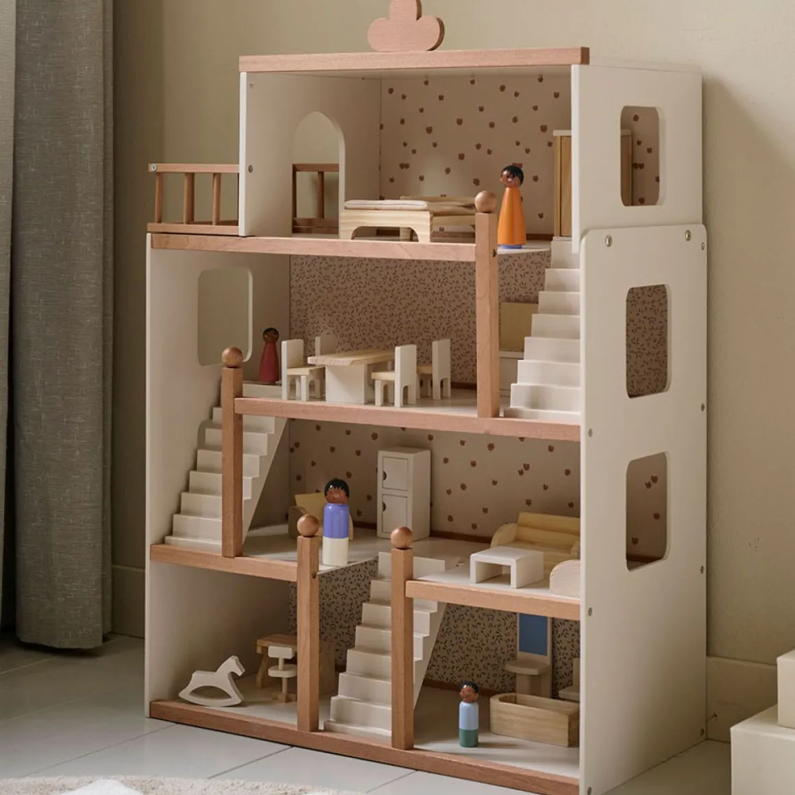 GROOT HOUTEN POPPENHUIS u00abFLEURu00bb | INCL. 19-DELIGE MEUBELSET | 87 cm | BEIGE & WALNOOT
