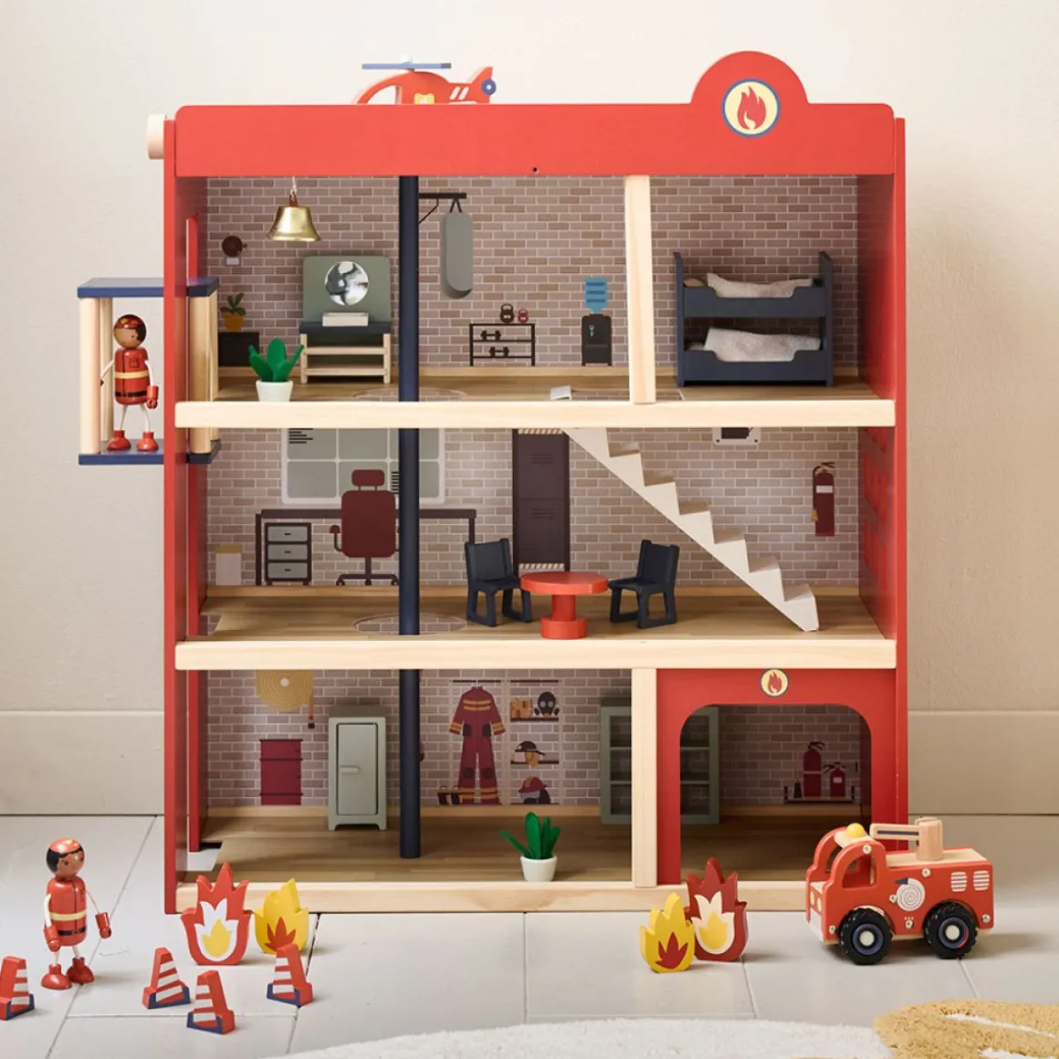 HOUTEN BRANDWEERKAZERNE u00abPOMPIERu00bb | I INCL. 19 ACCESSOIRES | 70 cm | ROOD