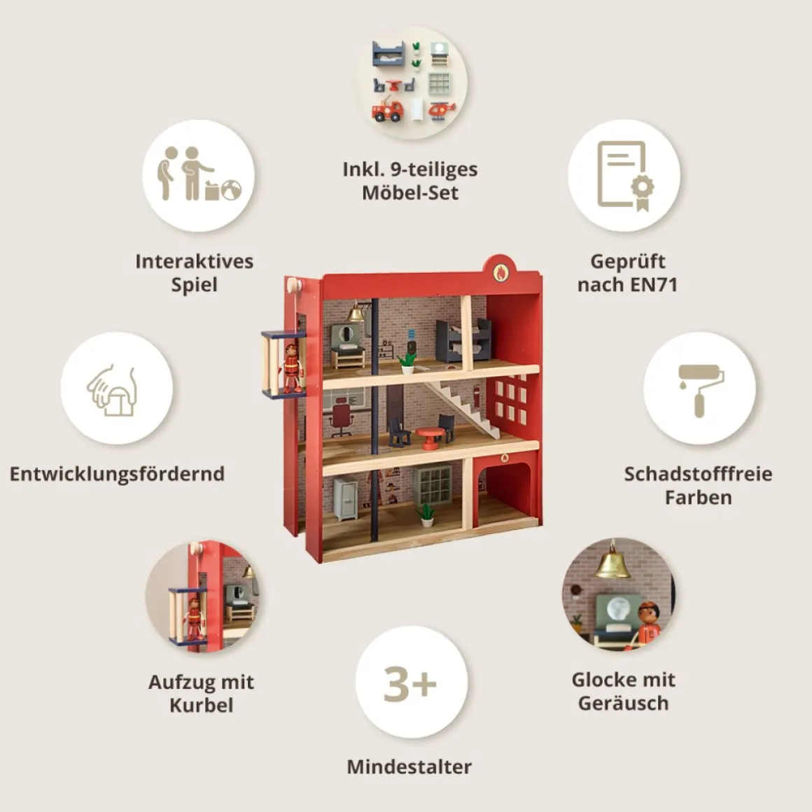 HOUTEN BRANDWEERKAZERNE u00abPOMPIERu00bb | I INCL. 19 ACCESSOIRES | 70 cm | ROOD