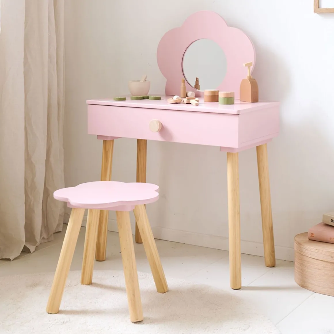 HOUTEN KAPTAFEL MET SPIEGEL EN STOEL u00abFLEURu00bb | ROZE