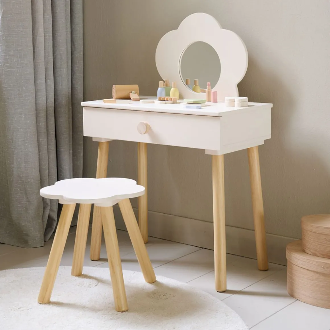 HOUTEN KAPTAFEL MET SPIEGEL EN STOEL u00abFLEURu00bb | OFF-WHITE