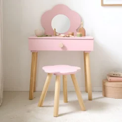 HOUTEN KAPTAFEL MET SPIEGEL EN STOEL u00abFLEURu00bb | ROZE