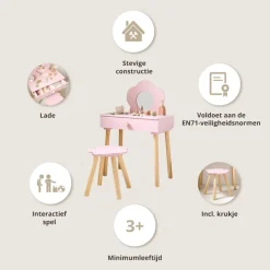 HOUTEN KAPTAFEL MET SPIEGEL EN STOEL u00abFLEURu00bb | ROZE