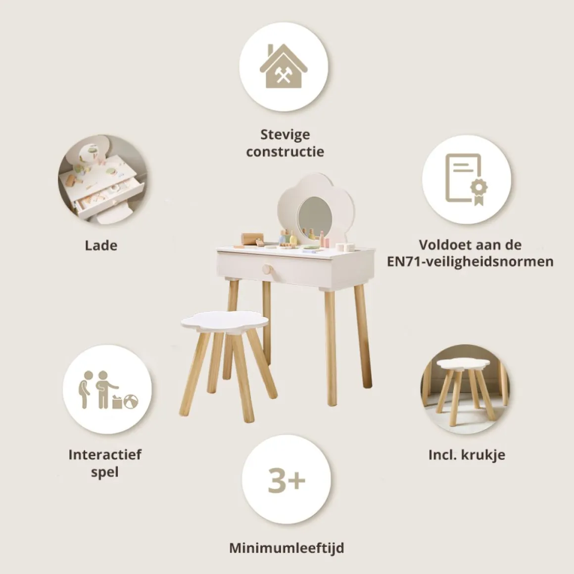 HOUTEN KAPTAFEL MET SPIEGEL EN STOEL u00abFLEURu00bb | OFF-WHITE