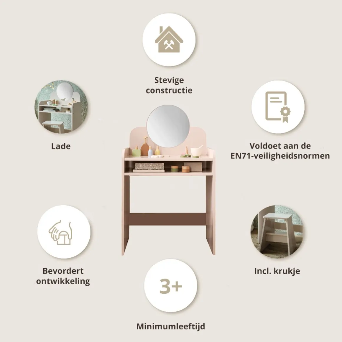 HOUTEN KAPTAFEL MET SPIEGEL EN STOEL | u00abBELLEu00bb | ROZE