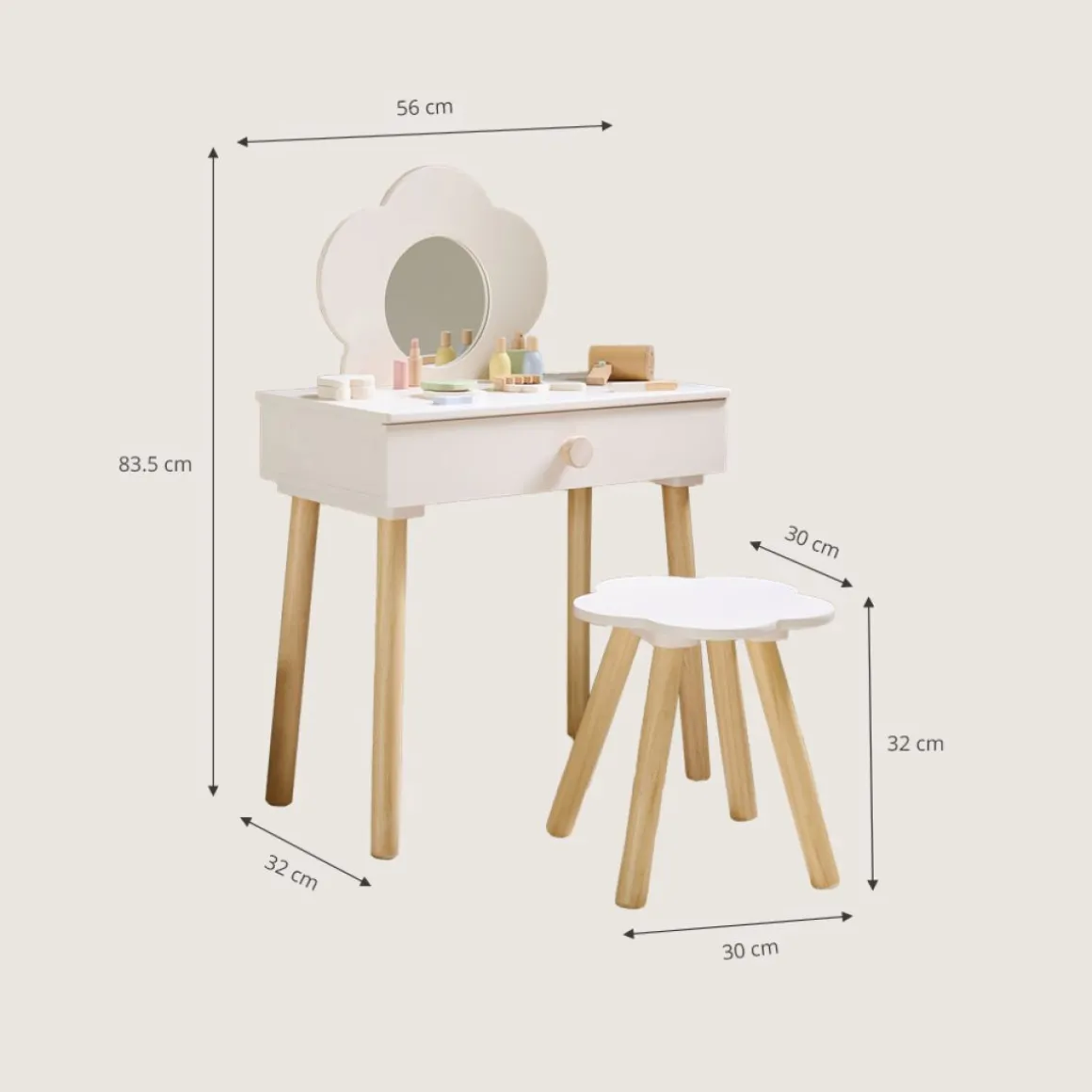 HOUTEN KAPTAFEL MET SPIEGEL EN STOEL u00abFLEURu00bb | OFF-WHITE