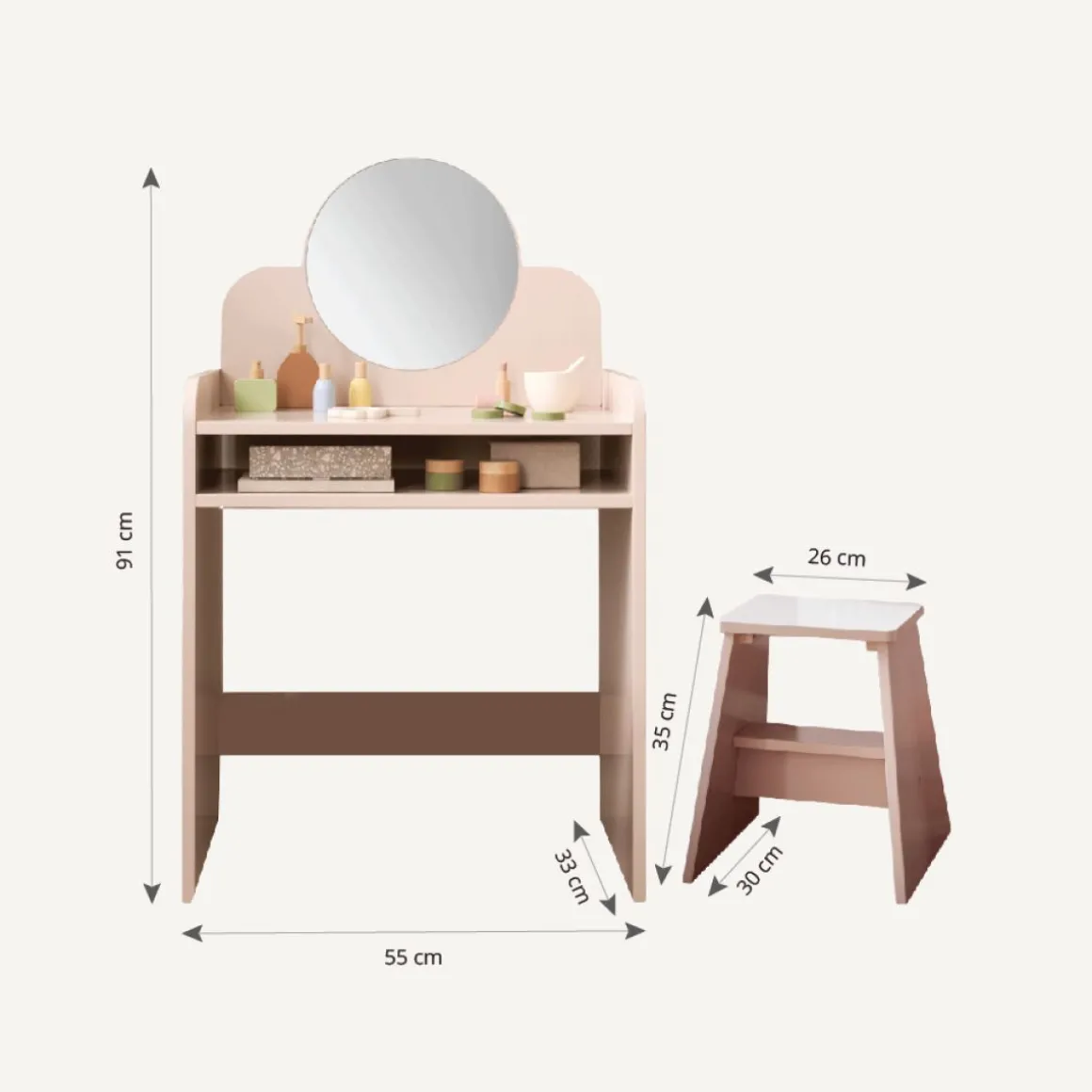 HOUTEN KAPTAFEL MET SPIEGEL EN STOEL | u00abBELLEu00bb | ROZE