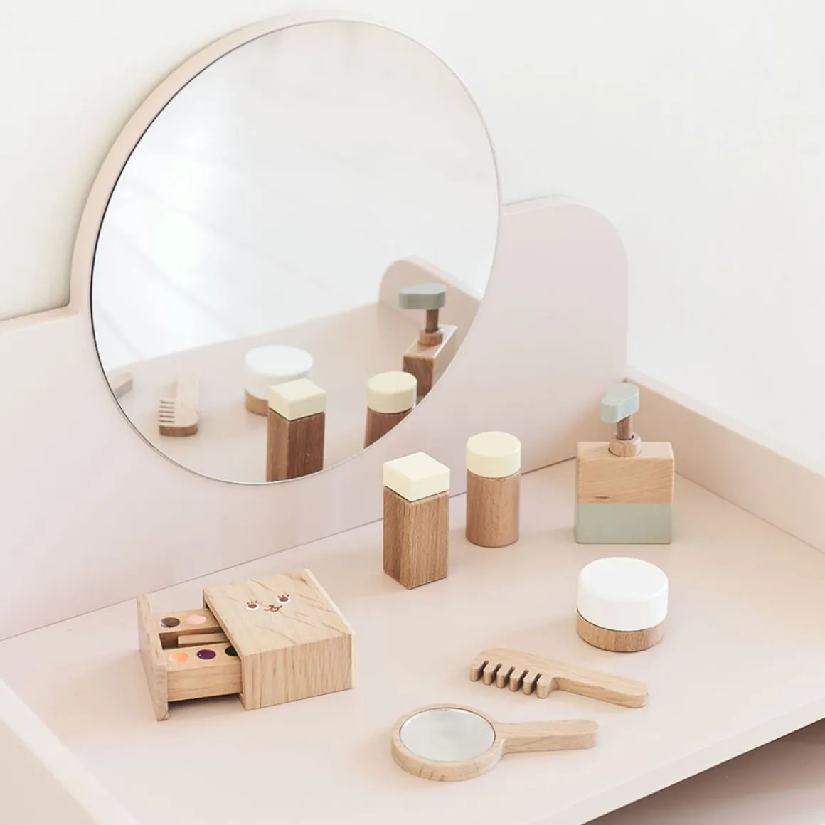 HOUTEN KAPTAFEL MET SPIEGEL EN STOEL | u00abBELLEu00bb | ROZE