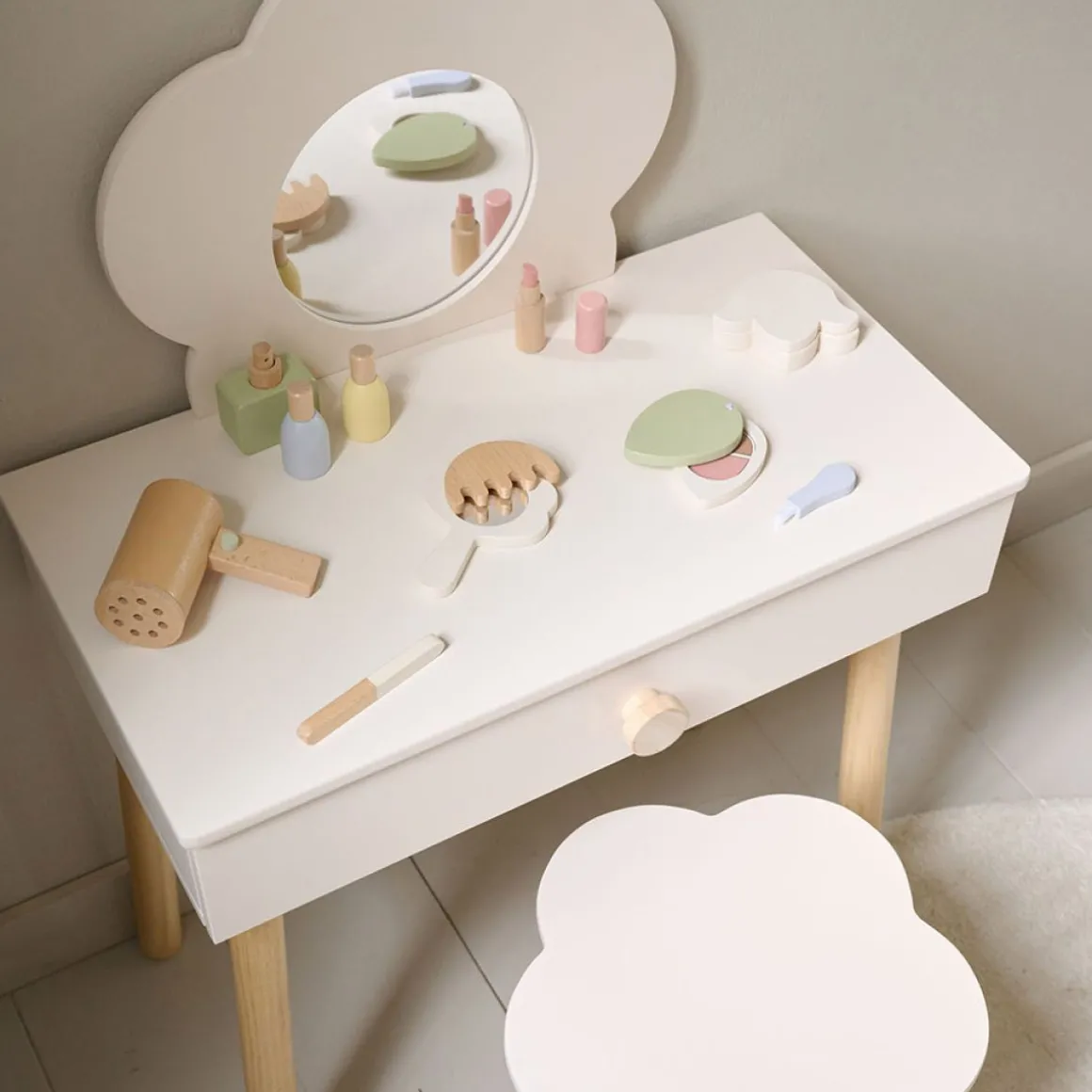 HOUTEN KAPTAFEL MET SPIEGEL EN STOEL u00abFLEURu00bb | OFF-WHITE