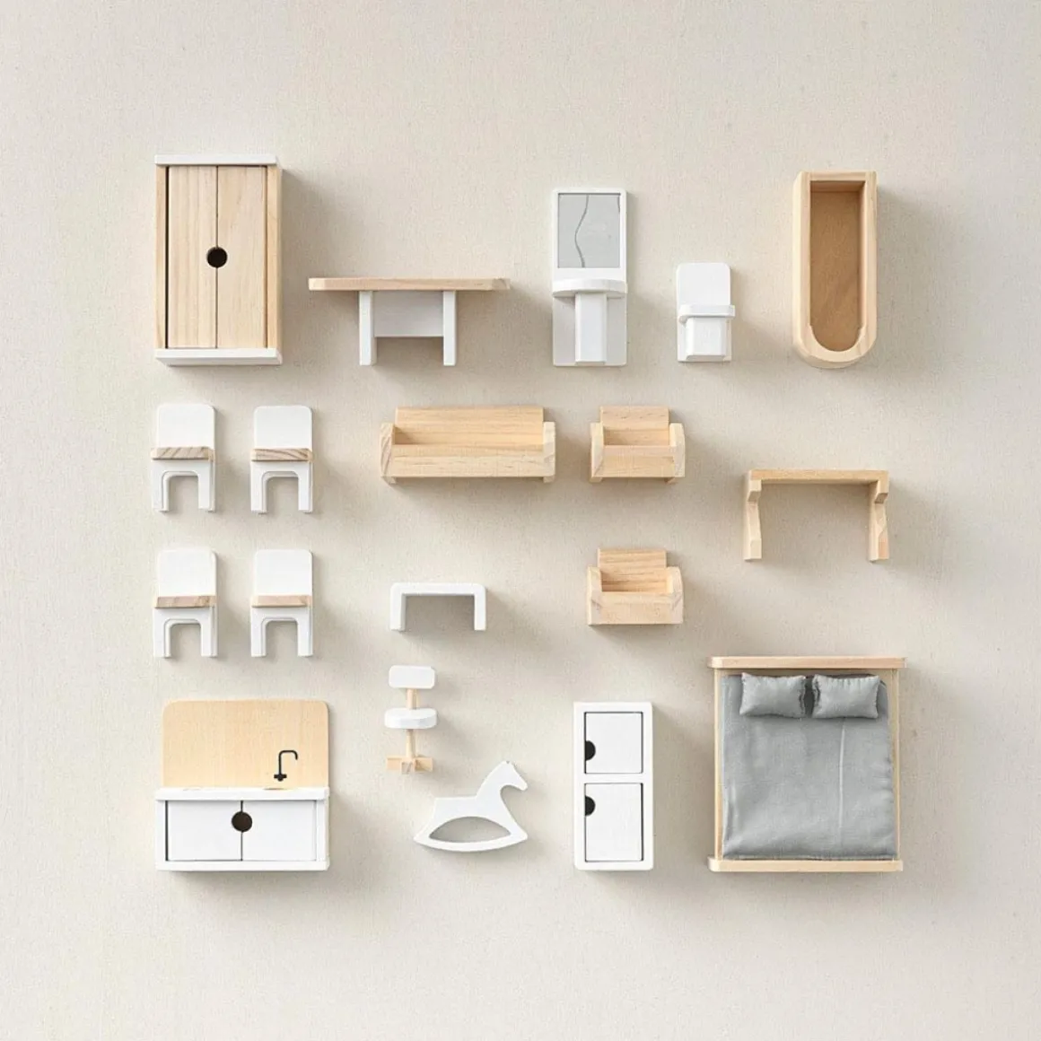 Houten poppenhuis meubels 19-delige set WIT / HOUT