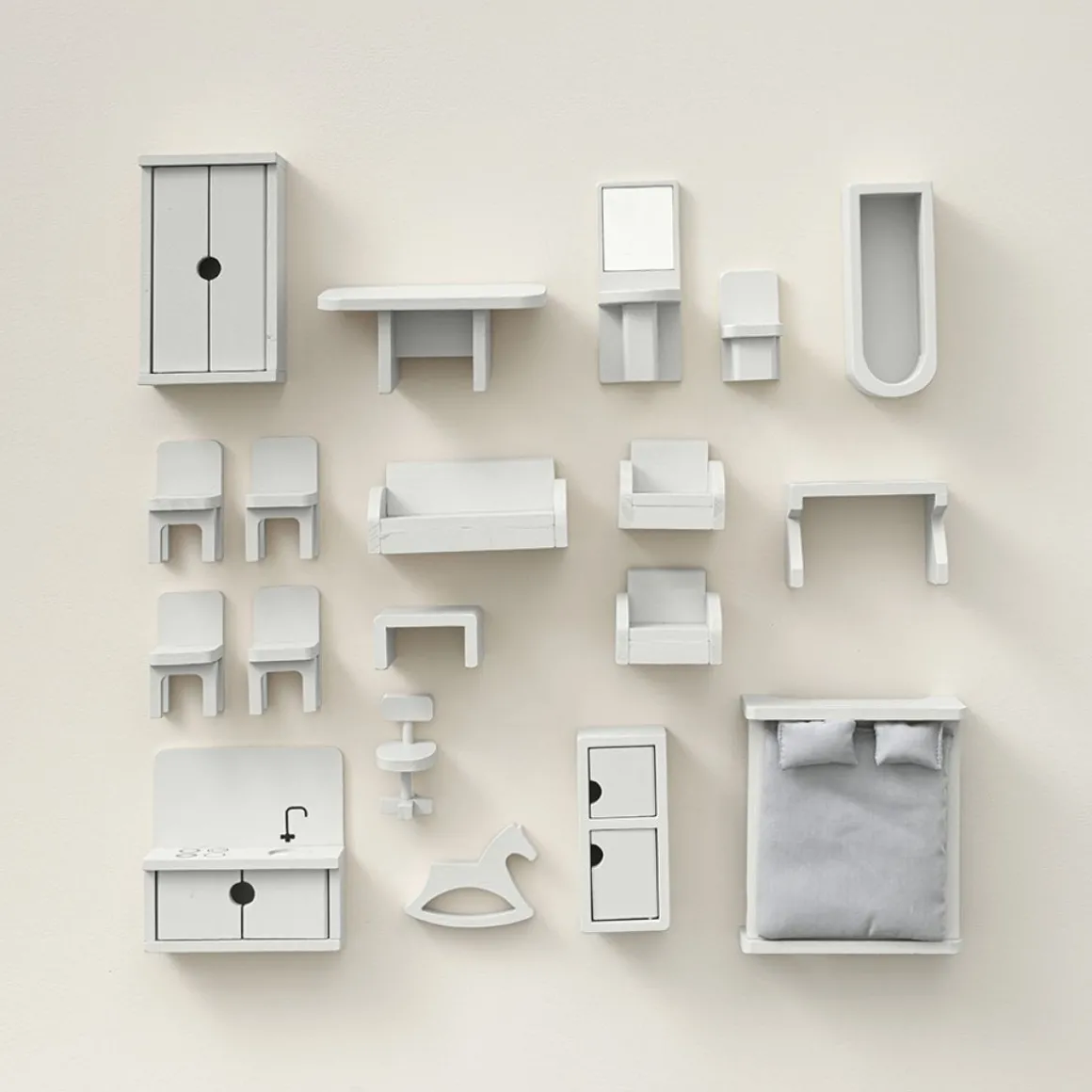 Houten poppenhuis meubels 19-delige set MINT GRIJS