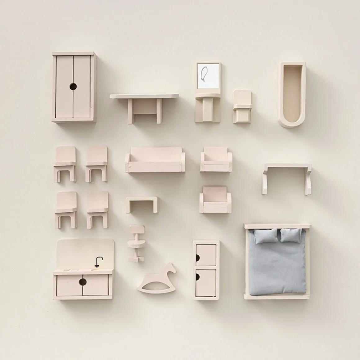 Houten poppenhuis meubels 19-delige set POEDERROZE