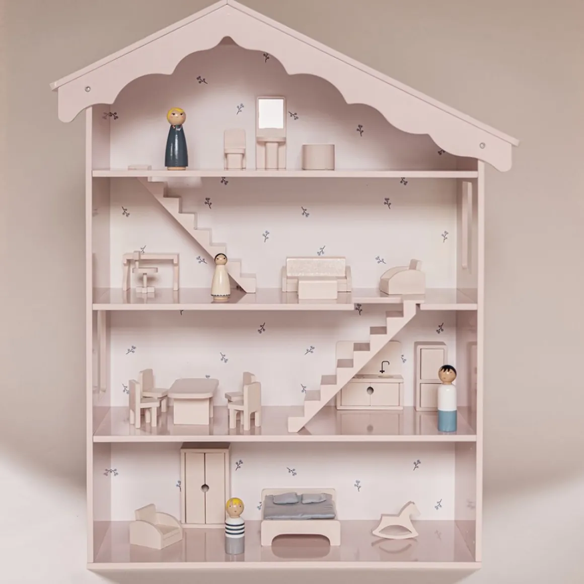 Houten poppenhuis meubels 19-delige set POEDERROZE