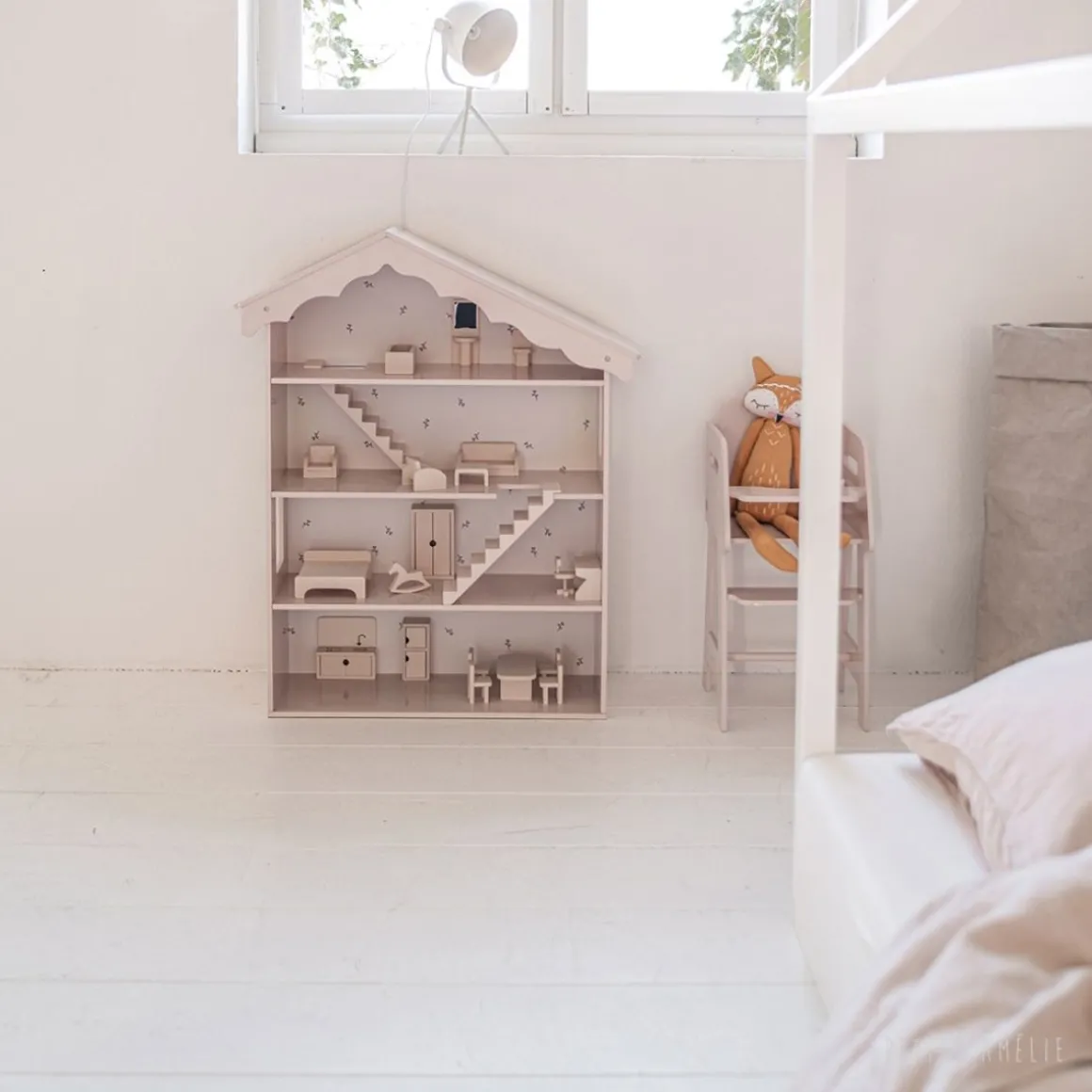 Houten poppenhuis meubels 19-delige set POEDERROZE