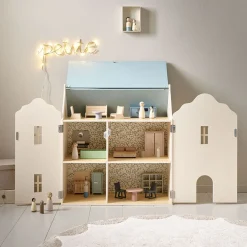 HOUTEN POPPENHUIS u00abANNIEu00bb | BEIGE EN BLAUW