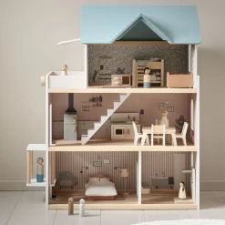 HOUTEN POPPENHUIS u00abCAMPAGNEu00bb | INCL. 14-DELIGE MEUBELSET | 81 CM | WIT & PASTELBLAUW