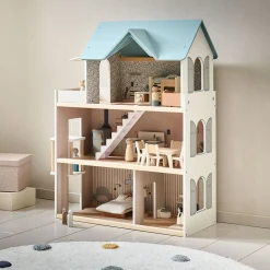 HOUTEN POPPENHUIS u00abCAMPAGNEu00bb | INCL. 14-DELIGE MEUBELSET | 81 CM | WIT & PASTELBLAUW