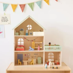 HOUTEN POPPENHUIS u00abPASTELu00bb | INCLUSIEF 15-DELIGE MEUBELSET | 60 CM | MEERKLEURIG