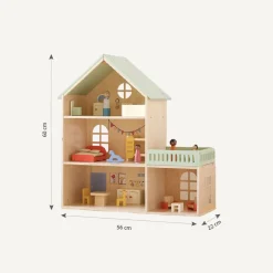 HOUTEN POPPENHUIS u00abPASTELu00bb | INCLUSIEF 15-DELIGE MEUBELSET | 60 CM | MEERKLEURIG