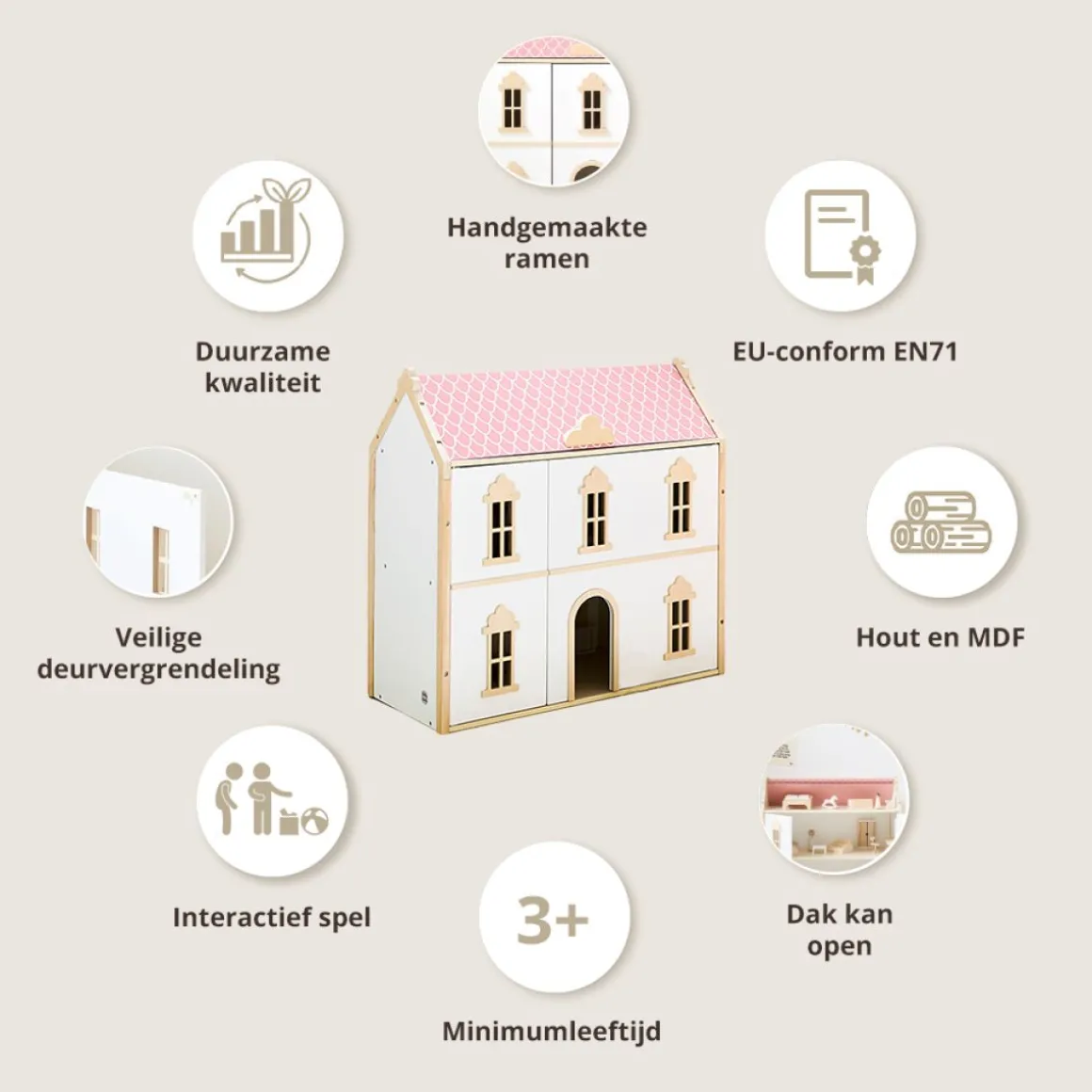 HOUTEN POPPENHUIS u00abVICTOIREu00bb | 66 cm | WIT & ROZE