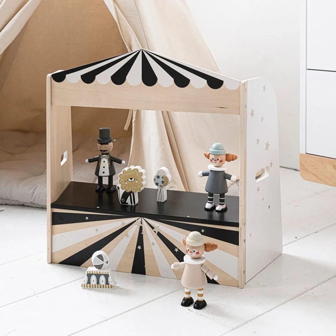 Houten Poppenkast Theater | u00abThu00e9u00e2tre du Soleilu00bb | incl. 7 accessoires