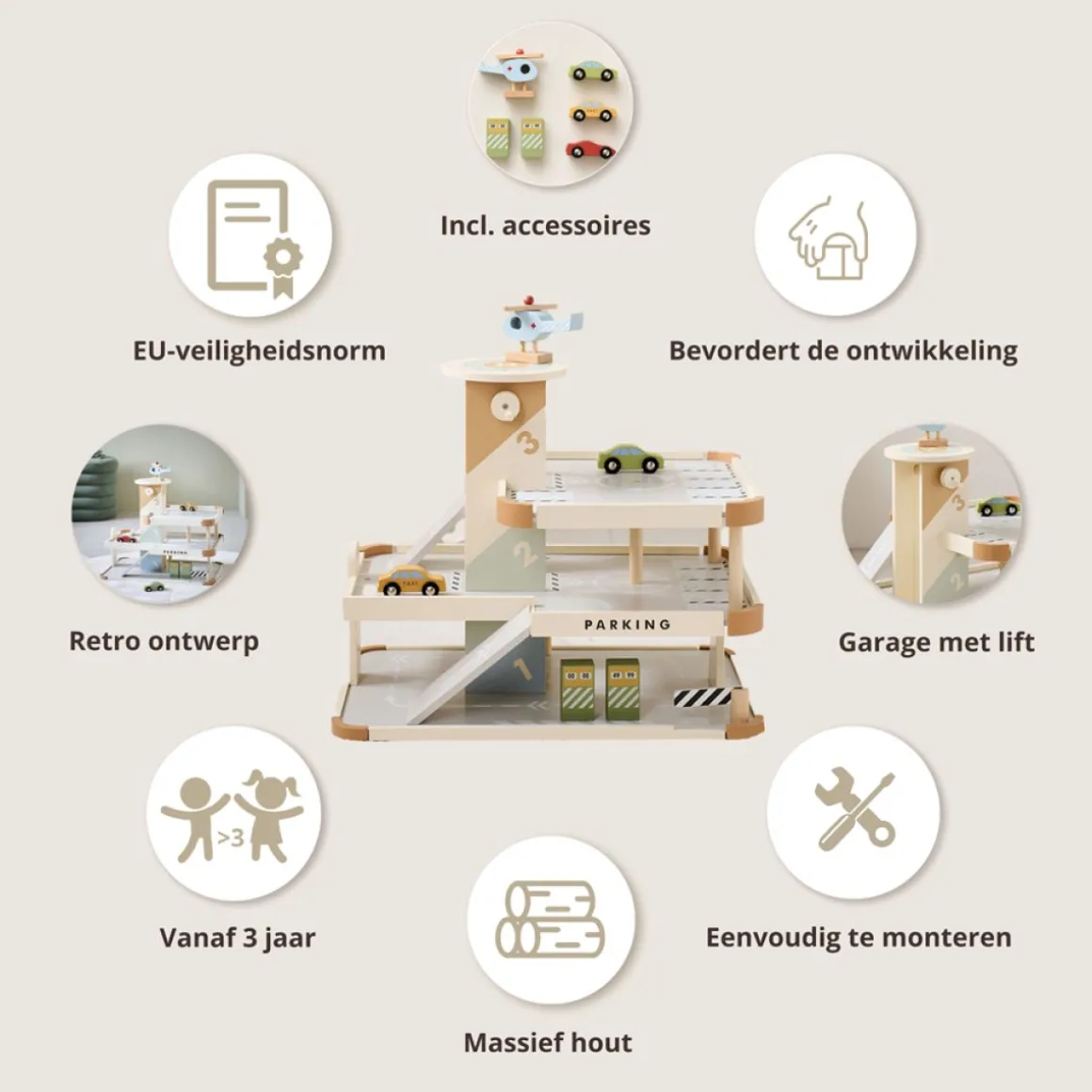 Houten speelgoed garage | u00abMielu00bb | incl. lift & accessoires