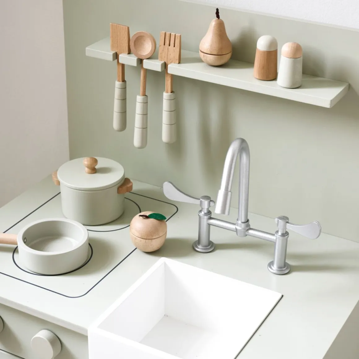 Houten Speelgoedkeuken | inclusief 7 accessoires | Mint Grijs