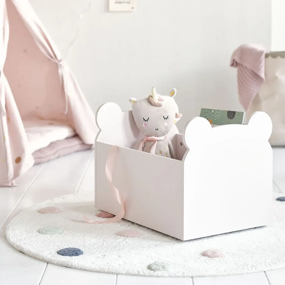 Houten speelgoedkist / boekenkist met wieltjes u00abTedu00bb | roze