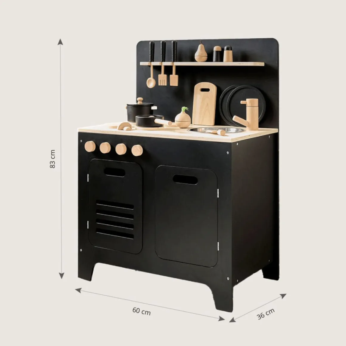 HOUTEN SPEELKEUKEN | u00abMu00dbREu00bb | MET 13-DELIGE KEUKENSET | ZWART