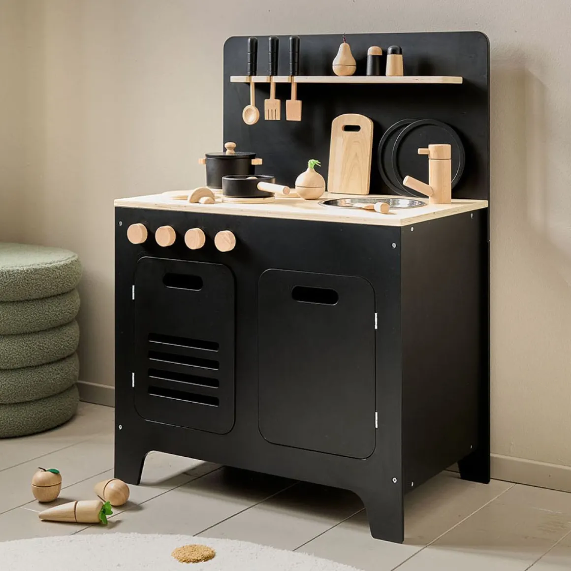 HOUTEN SPEELKEUKEN | u00abMu00dbREu00bb | MET 13-DELIGE KEUKENSET | ZWART
