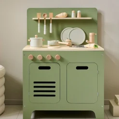 HOUTEN SPEELKEUKEN | u00abOLIVEu00bb | MET 13-DELIGE LICHT GRIJZE KEUKENSET