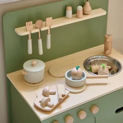 HOUTEN SPEELKEUKEN | u00abOLIVEu00bb | MET 13-DELIGE LICHT GRIJZE KEUKENSET