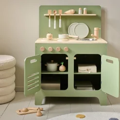 HOUTEN SPEELKEUKEN | u00abOLIVEu00bb | MET 13-DELIGE LICHT GRIJZE KEUKENSET