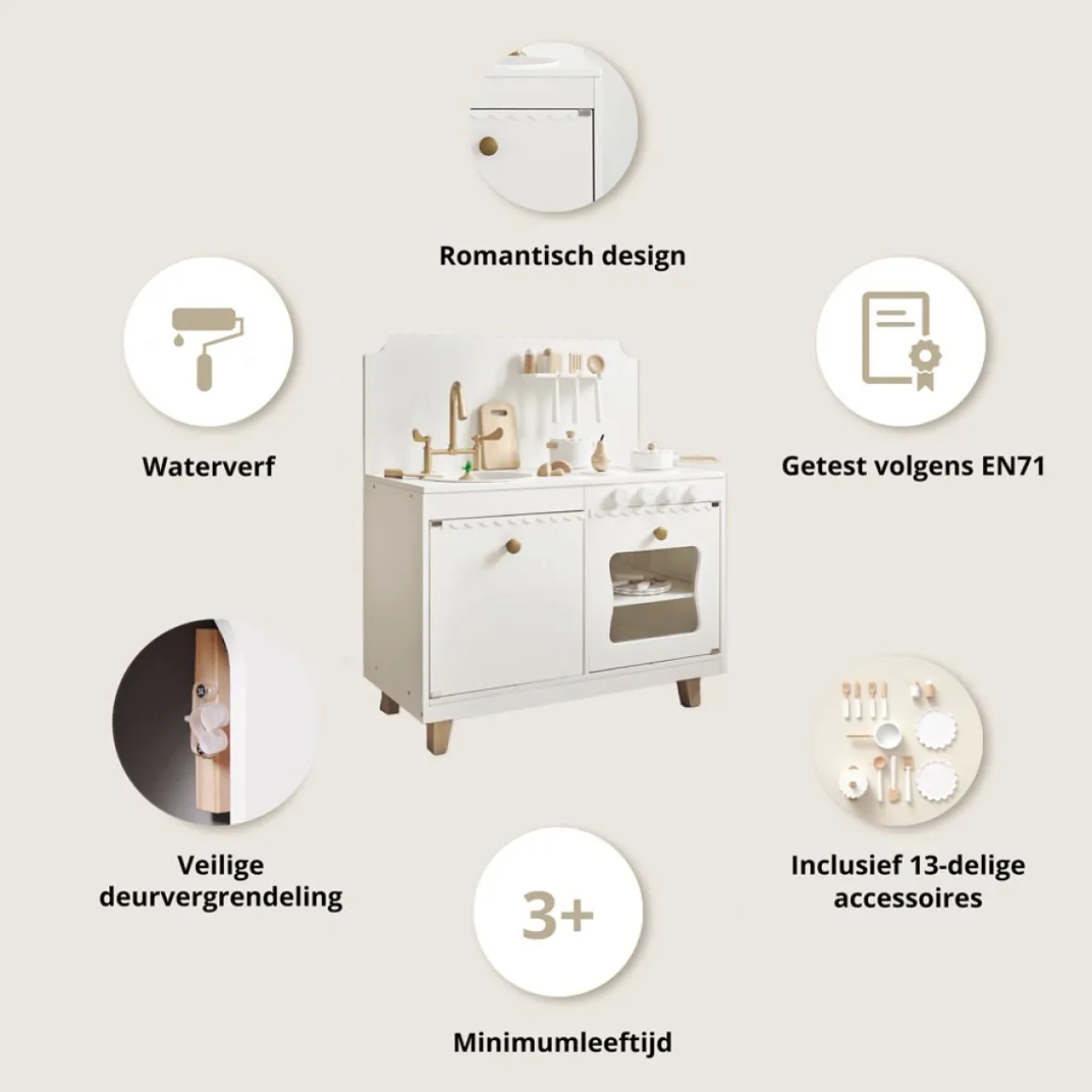 Houten Speelkeuken | u00abSorbieru00bb | Wit | Met 13-delige witte keukenset