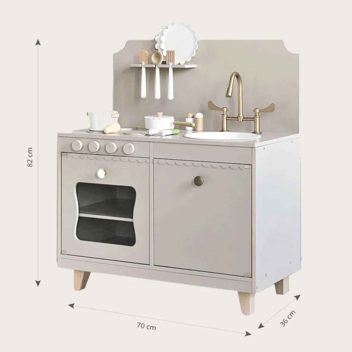 Houten speelkeuken | u00abSorbieru00bb | Taupe | Met 13-delige witte keukenset