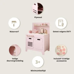 Houten Speelkeuken u00abROSEu00bb | inclusief 13 accessoires | Roze