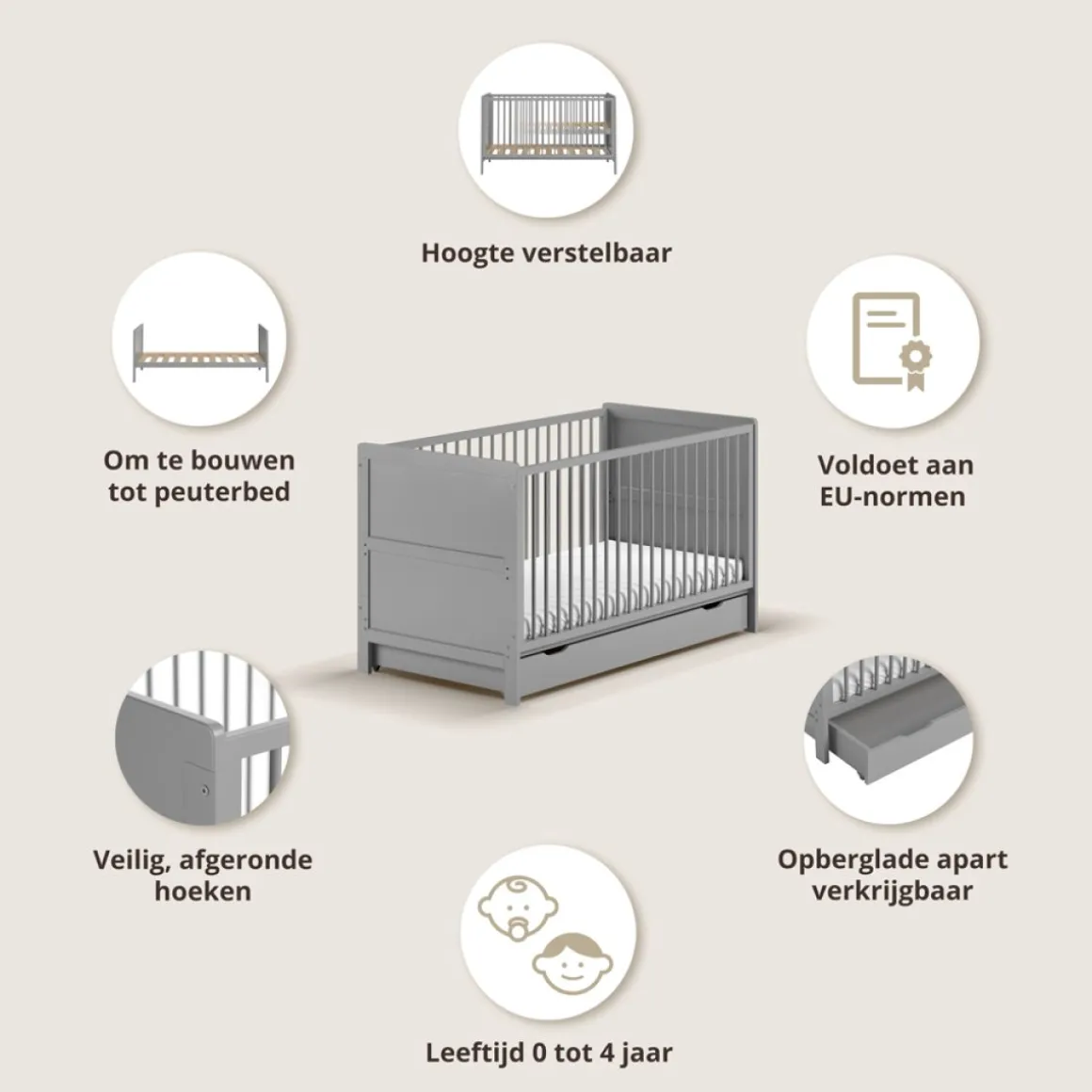 3 in 1 Meegroeibed Evolutif Laurent 0-4 jaar inclusief 10cm premuim matras | GRIJS