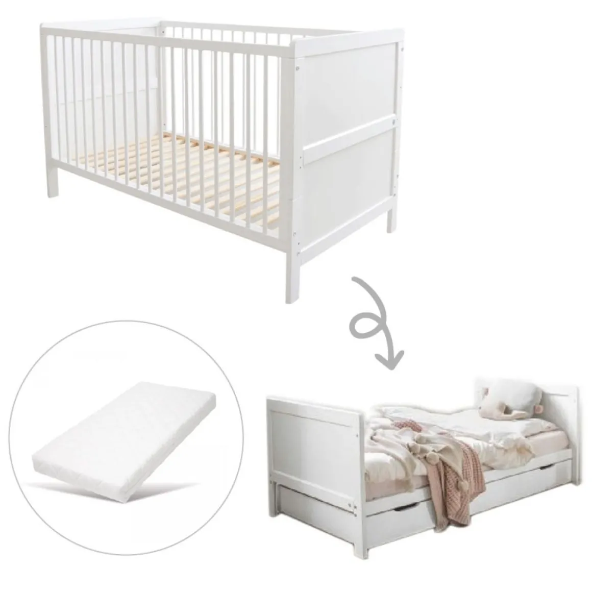 3 in 1 Meegroeibed Evolutif Aurore incl 10 cm premium matras 0-4 jaar | WIT