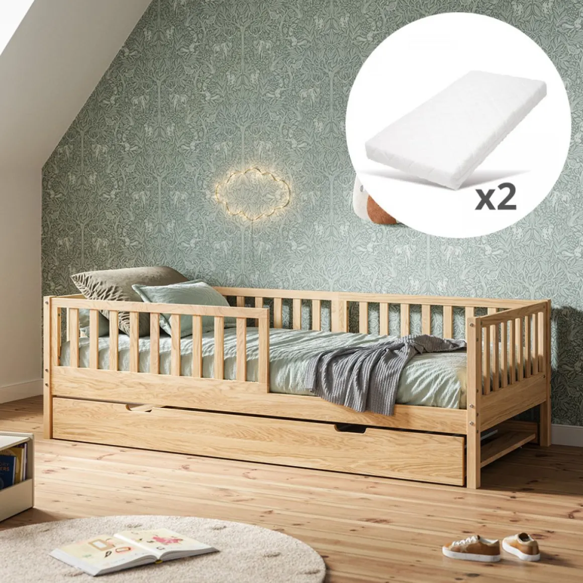 KINDERBED MET ONDERSCHUIFBED u00abPLUMEu00bb | 90 X 200 CM | NATUREL