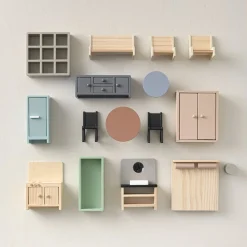 Retro houten poppenhuis meubels | 16-delige set