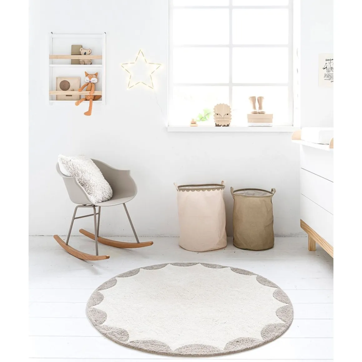 Wasbaar kindervloerkleed met anti slip laag u00abCERCLEu00bb u00d8120 cm | Off white-taupe