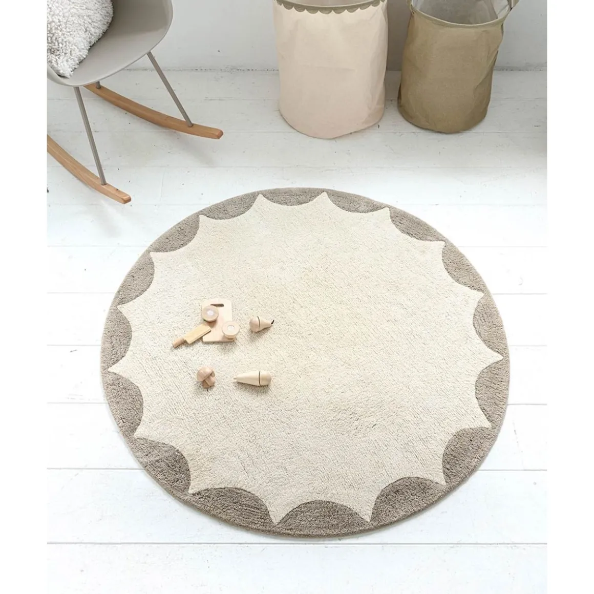 Wasbaar kindervloerkleed met anti slip laag u00abCERCLEu00bb u00d8120 cm | Off white-taupe